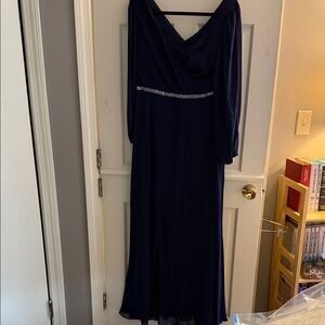 Ever Pretty Navy Long Sleeve Evening Dress with Beaded Waist